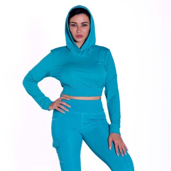 Long Sleeve Hoodie Turquoise Crop Top And High Waisted Legging Set - Picture 1 of 7